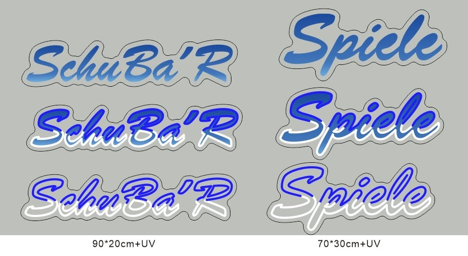 LED Neonschilder: SchuBa‘R 90x20cm und Spiele 70x30cm - LEDs: Blau und Weiß - UV Druck - Cut to Shape