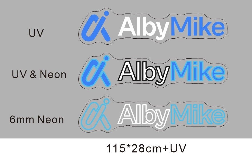 LED Neonschild: AI Alby Mike - LEDs: Weiß und Hellblau - UV Druck: Weiß und Blau - 115x28cm - Cut to Shape